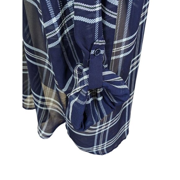 Womens Sheer Tunic Top Plus Size 22 Navy Blue Plaid Roll Tab Sleeves Split Neck - Picture 5 of 8